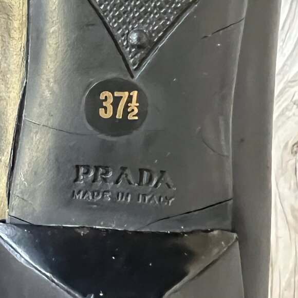 Prada kitten heels vintage black leather brown logo plate 37.5 7 pointed toe - Picture 10 of 12